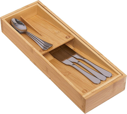 Bamboo Silverware Drawer Organizer, Kitchen Small Silverware Organizer, Utensil Tray Holder, Cutlery Tray for Spoons, Forks, Knives, Suitable for a family of 2-4