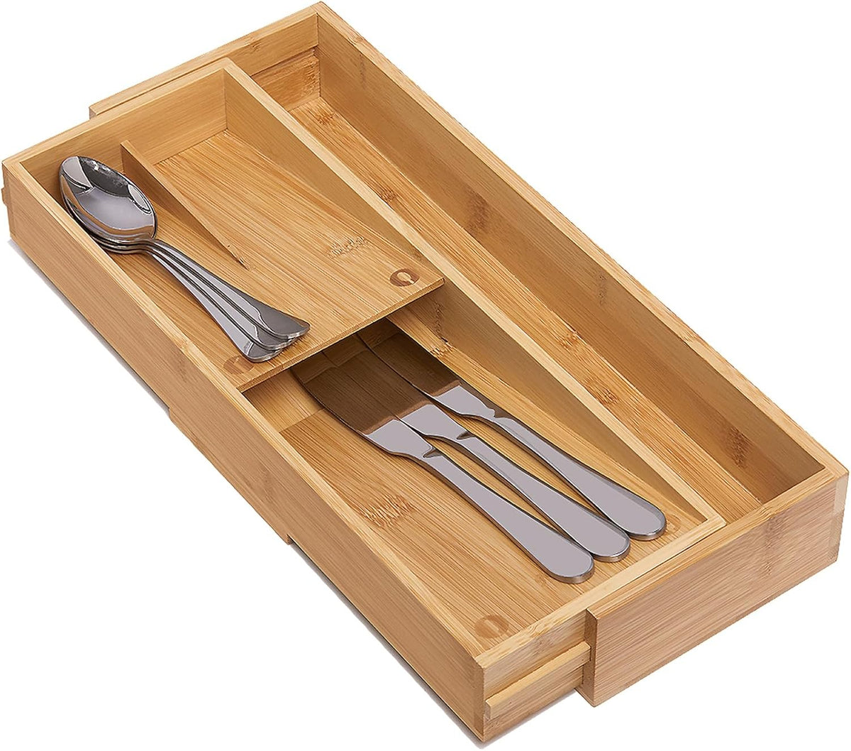 Bamboo Silverware Drawer Organizer, Kitchen Small Silverware Organizer, Utensil Tray Holder, Cutlery Tray for Spoons, Forks, Knives, Suitable for a family of 2-4
