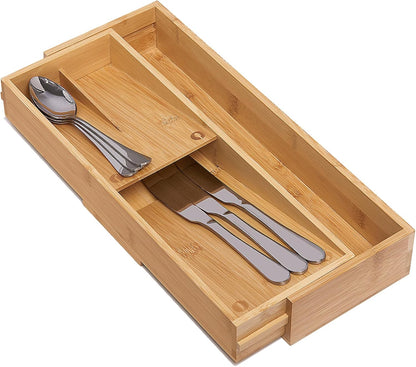 Bamboo Silverware Drawer Organizer, Kitchen Small Silverware Organizer, Utensil Tray Holder, Cutlery Tray for Spoons, Forks, Knives, Suitable for a family of 2-4