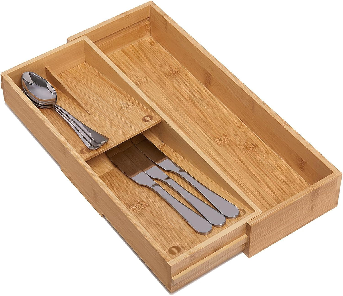 Bamboo Silverware Drawer Organizer, Kitchen Small Silverware Organizer, Utensil Tray Holder, Cutlery Tray for Spoons, Forks, Knives, Suitable for a family of 2-4