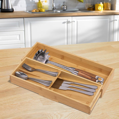 Bamboo Silverware Drawer Organizer, Kitchen Small Silverware Organizer, Utensil Tray Holder, Cutlery Tray for Spoons, Forks, Knives, Suitable for a family of 2-4