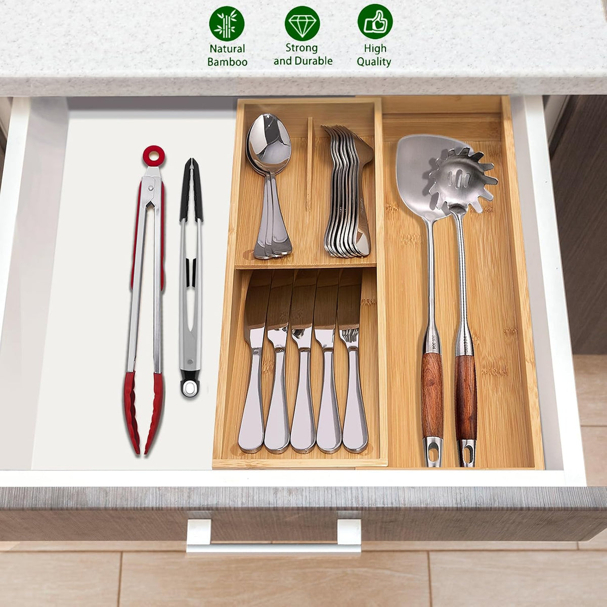Bamboo Silverware Drawer Organizer, Kitchen Small Silverware Organizer, Utensil Tray Holder, Cutlery Tray for Spoons, Forks, Knives, Suitable for a family of 2-4