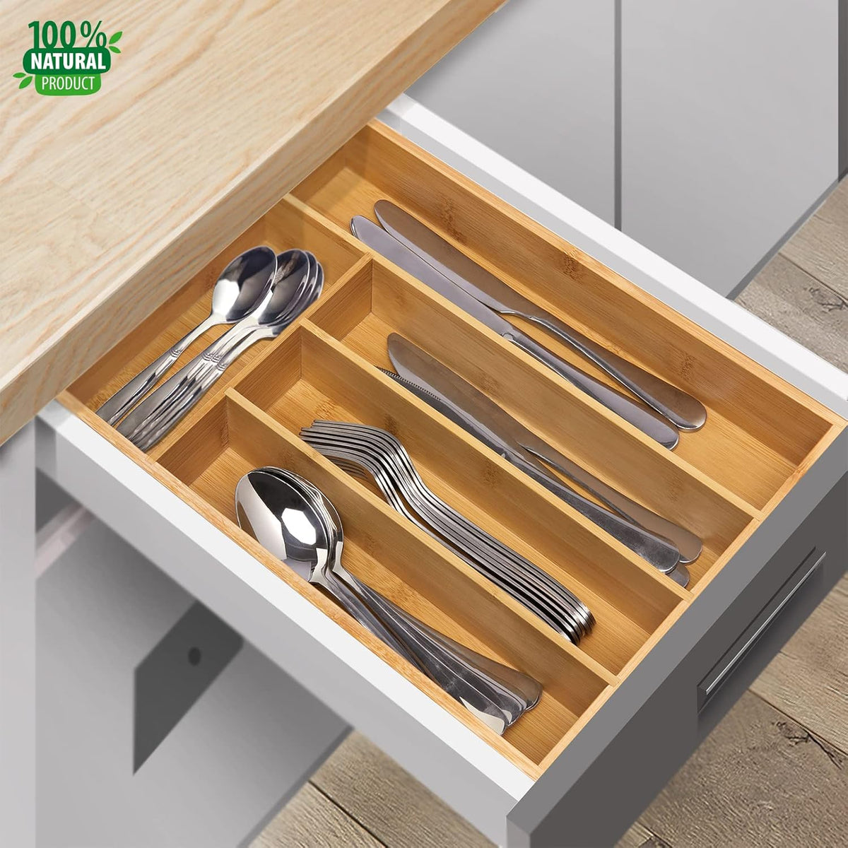 Bamboo Silverware Drawer Organizer, Kitchen Small Silverware Organizer, Utensil Tray Holder, Cutlery Tray for Spoons, Forks, Knives, Suitable for a family of 2-4