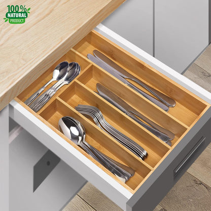 Bamboo Silverware Drawer Organizer, Kitchen Small Silverware Organizer, Utensil Tray Holder, Cutlery Tray for Spoons, Forks, Knives, Suitable for a family of 2-4