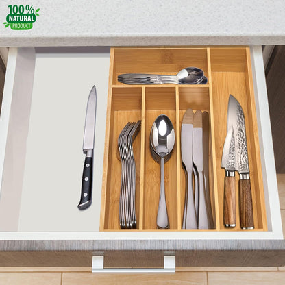 Bamboo Silverware Drawer Organizer, Kitchen Small Silverware Organizer, Utensil Tray Holder, Cutlery Tray for Spoons, Forks, Knives, Suitable for a family of 2-4