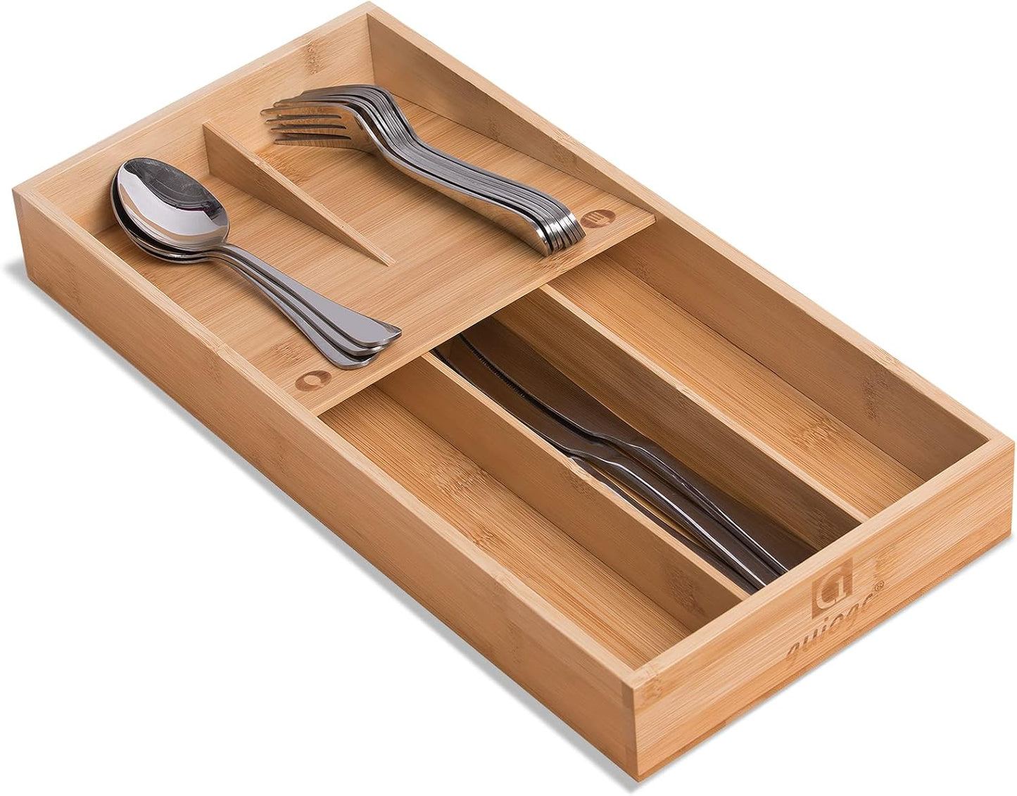 Bamboo Silverware Drawer Organizer, Kitchen Small Silverware Organizer, Utensil Tray Holder, Cutlery Tray for Spoons, Forks, Knives, Suitable for a family of 2-4
