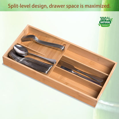 Bamboo Silverware Drawer Organizer, Kitchen Small Silverware Organizer, Utensil Tray Holder, Cutlery Tray for Spoons, Forks, Knives, Suitable for a family of 2-4