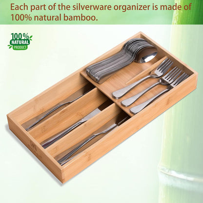 Bamboo Silverware Drawer Organizer, Kitchen Small Silverware Organizer, Utensil Tray Holder, Cutlery Tray for Spoons, Forks, Knives, Suitable for a family of 2-4