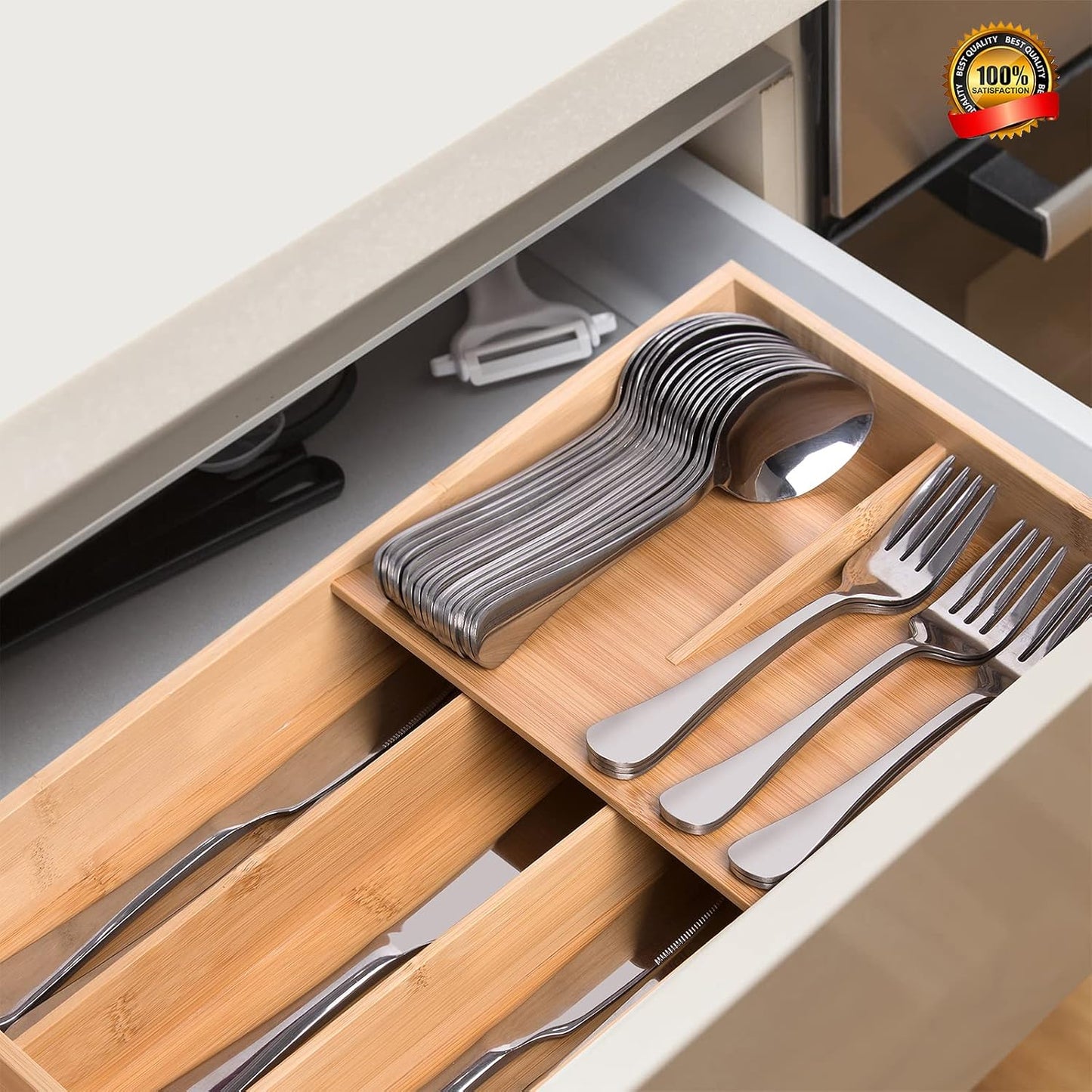 Bamboo Silverware Drawer Organizer, Kitchen Small Silverware Organizer, Utensil Tray Holder, Cutlery Tray for Spoons, Forks, Knives, Suitable for a family of 2-4