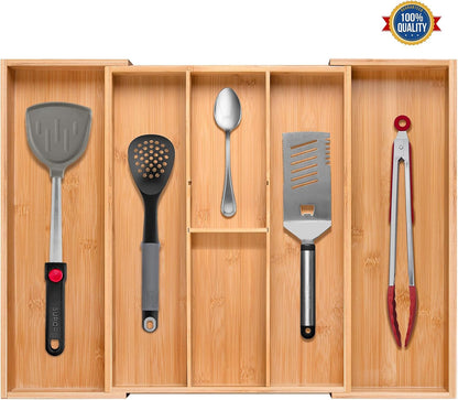 Bamboo Silverware Drawer Organizer, Kitchen Small Silverware Organizer, Utensil Tray Holder, Cutlery Tray for Spoons, Forks, Knives, Suitable for a family of 2-4