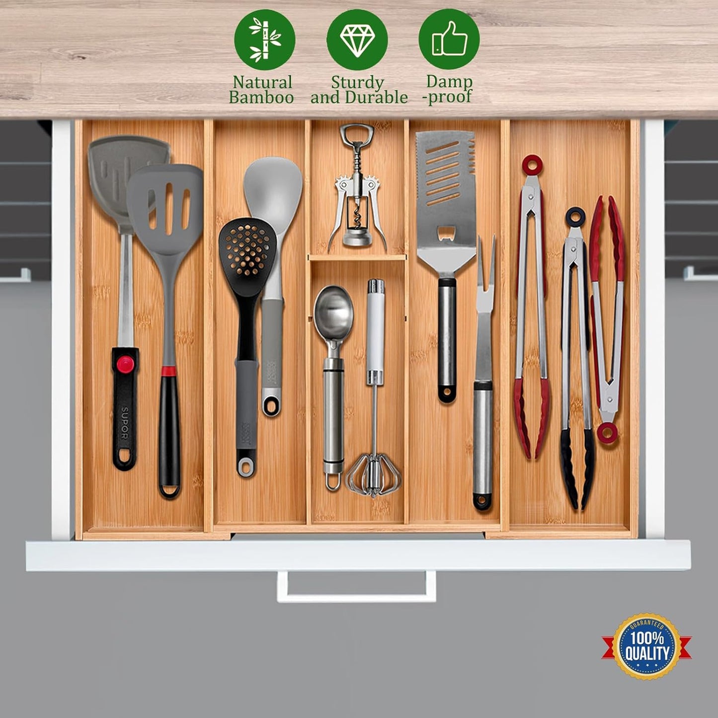 Bamboo Silverware Drawer Organizer, Kitchen Small Silverware Organizer, Utensil Tray Holder, Cutlery Tray for Spoons, Forks, Knives, Suitable for a family of 2-4