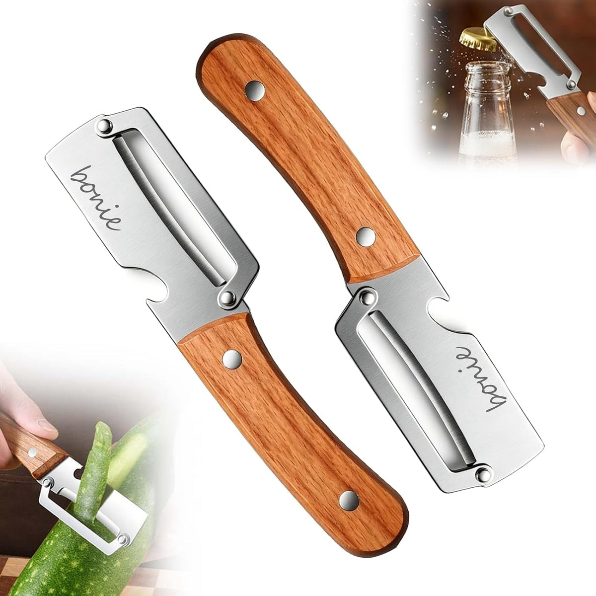 Multi-Functional Vegetable Peeler for Kitchen, 2026 New Stainless Steel Peeler with Wooden Handle and Bottle Opener, Kitchen Tool for Fruit Veggie Pumpkin, Gifts for Mom