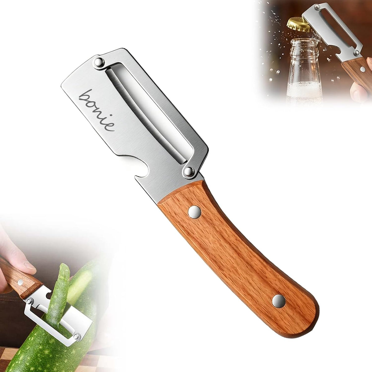 Multi-Functional Vegetable Peeler for Kitchen, 2026 New Stainless Steel Peeler with Wooden Handle and Bottle Opener, Kitchen Tool for Fruit Veggie Pumpkin, Gifts for Mom