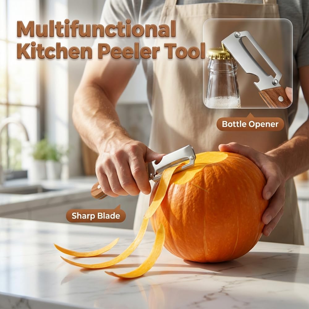 Multi-Functional Vegetable Peeler for Kitchen, 2026 New Stainless Steel Peeler with Wooden Handle and Bottle Opener, Kitchen Tool for Fruit Veggie Pumpkin, Gifts for Mom