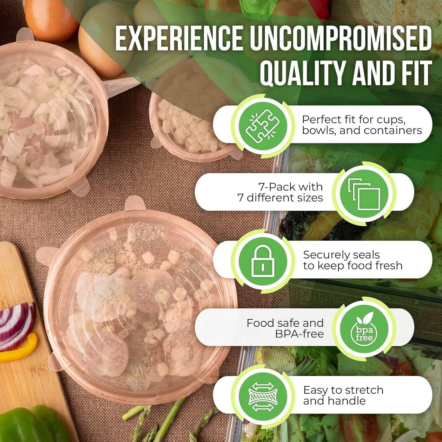 Reusable Silicone Stretch Lids for Food Storage in Fridge - Elastic Heat-Resistant Bowl Covers, Cups, Cans, Jars - Universal Food Grade Lid for Round and Rectangle Containers - Dishwasher Safe -7 Pack