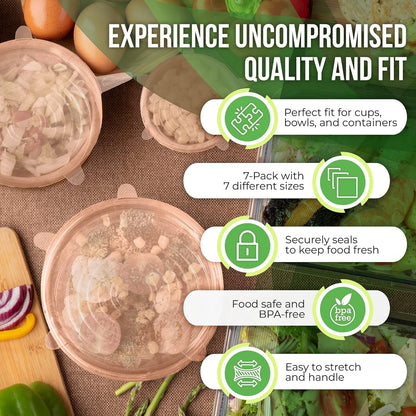 Reusable Silicone Stretch Lids for Food Storage in Fridge - Elastic Heat-Resistant Bowl Covers, Cups, Cans, Jars - Universal Food Grade Lid for Round and Rectangle Containers - Dishwasher Safe -7 Pack