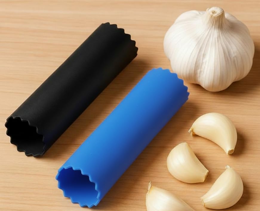 Garlic Peeler Set – 2 Pack Silicone Tube Rollers (Blue & Black) | Quickly Peel Garlic Cloves Without Mess | Food-Grade, Odor-Free, Dishwasher Safe Kitchen Tool