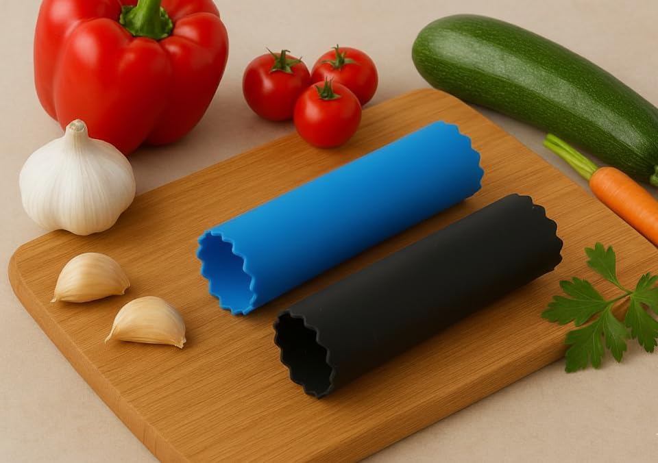 Garlic Peeler Set – 2 Pack Silicone Tube Rollers (Blue & Black) | Quickly Peel Garlic Cloves Without Mess | Food-Grade, Odor-Free, Dishwasher Safe Kitchen Tool