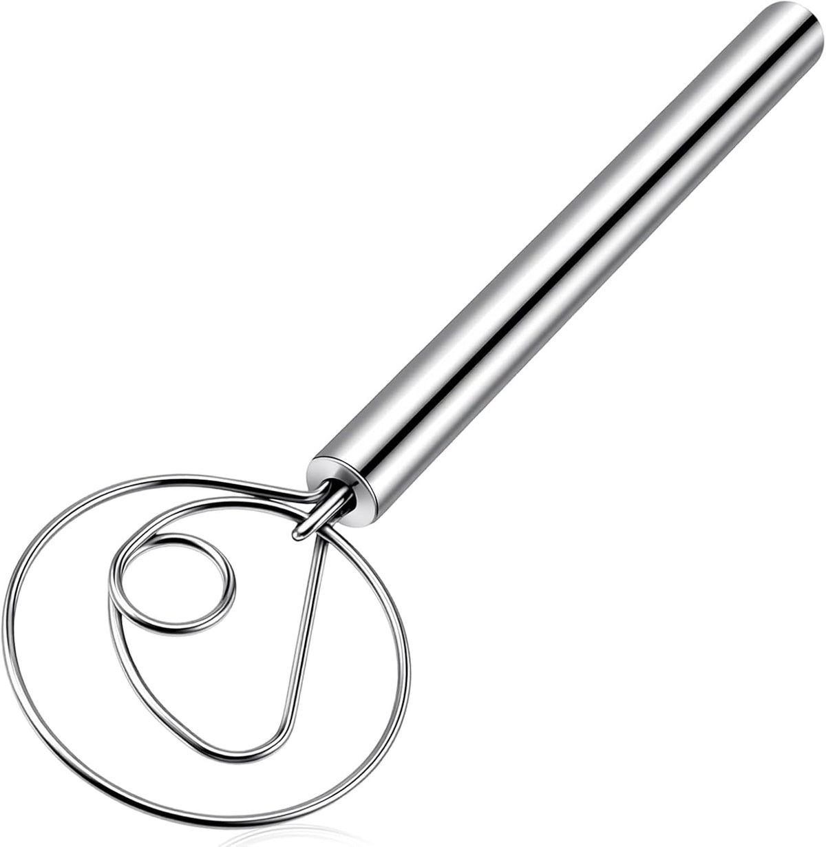 7.87 Inch Danish Dough Whisk Stainless Steel Dutch Whisk Sourdough Mixer Tools For Pizza Pastry Cake Batter Mixing Easy & Quick Ergonomic Bread Dough With Single Hole Design, Silver
