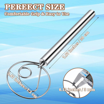 7.87 Inch Danish Dough Whisk Stainless Steel Dutch Whisk Sourdough Mixer Tools For Pizza Pastry Cake Batter Mixing Easy & Quick Ergonomic Bread Dough With Single Hole Design, Silver