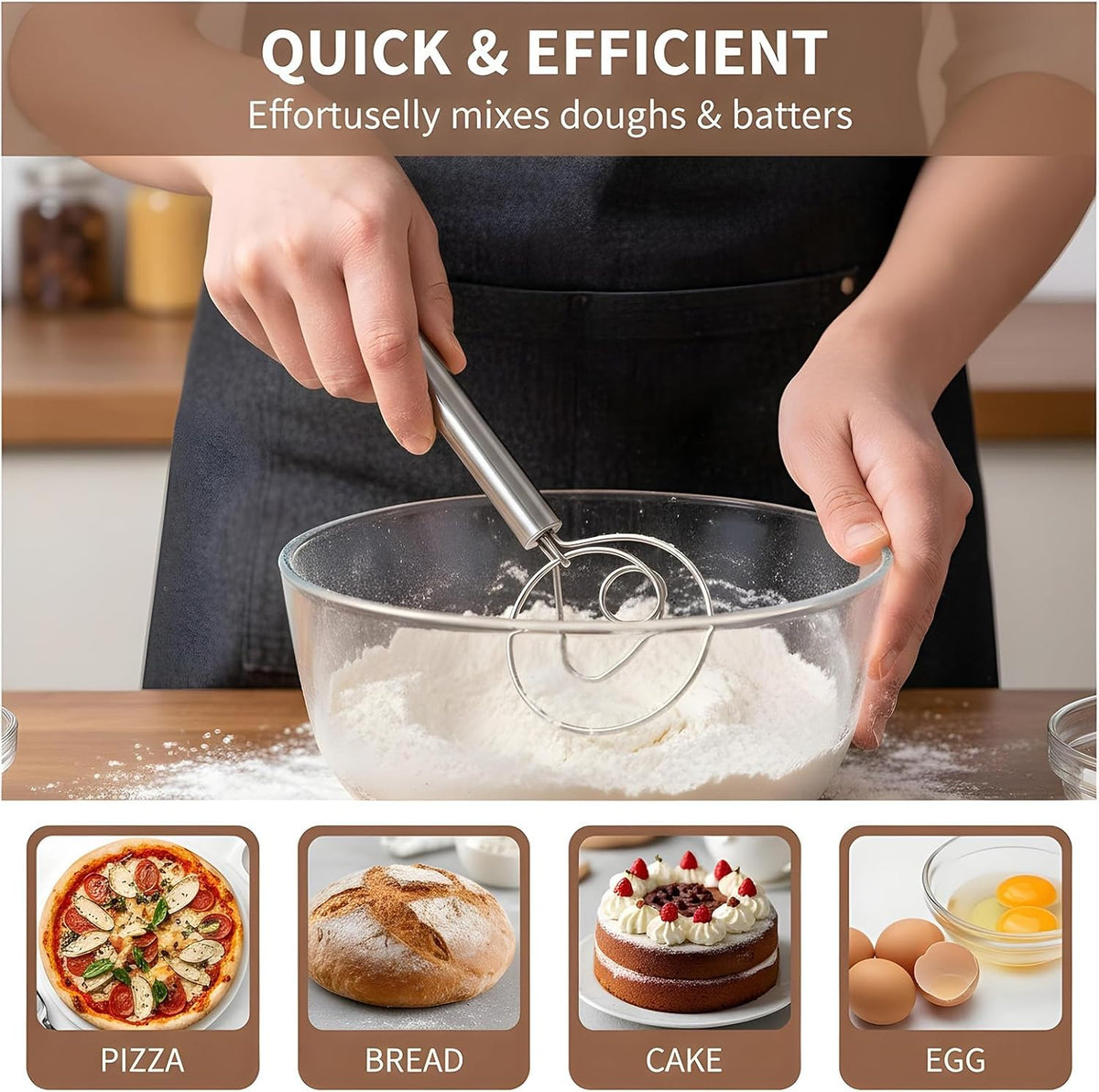 7.87 Inch Danish Dough Whisk Stainless Steel Dutch Whisk Sourdough Mixer Tools For Pizza Pastry Cake Batter Mixing Easy & Quick Ergonomic Bread Dough With Single Hole Design, Silver