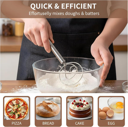 7.87 Inch Danish Dough Whisk Stainless Steel Dutch Whisk Sourdough Mixer Tools For Pizza Pastry Cake Batter Mixing Easy & Quick Ergonomic Bread Dough With Single Hole Design, Silver