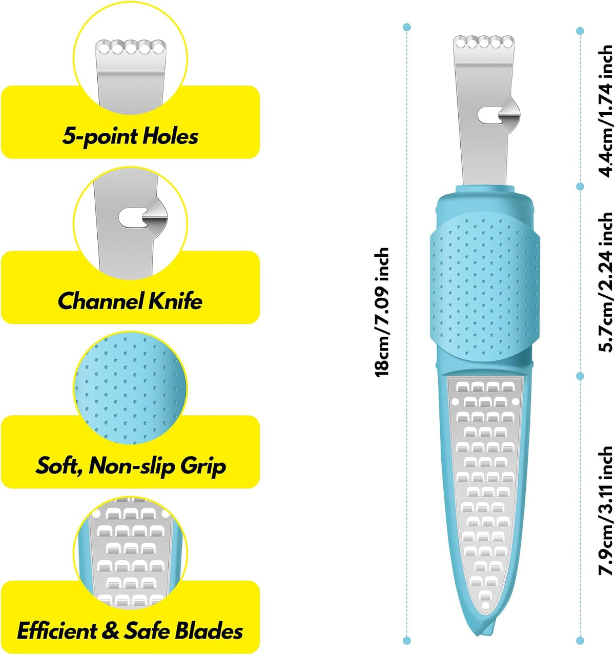 Stainless Steel Citrus Lemon Zester Garlic Grater w/Channel Knife Black
