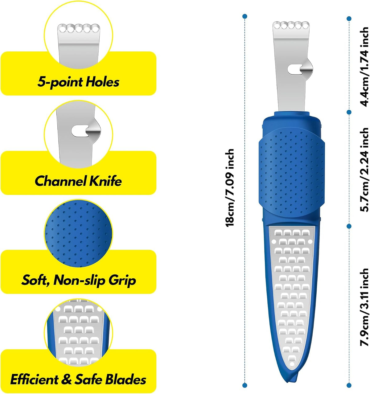 Stainless Steel Citrus Lemon Zester Garlic Grater w/Channel Knife Black
