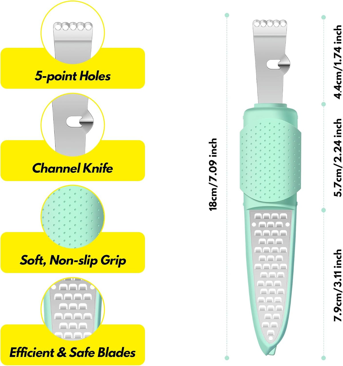 Stainless Steel Citrus Lemon Zester Garlic Grater w/Channel Knife Black