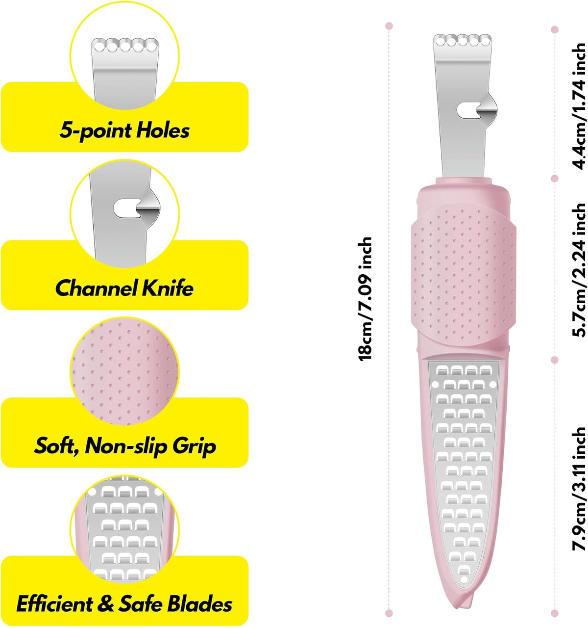 Stainless Steel Citrus Lemon Zester Garlic Grater w/Channel Knife Black