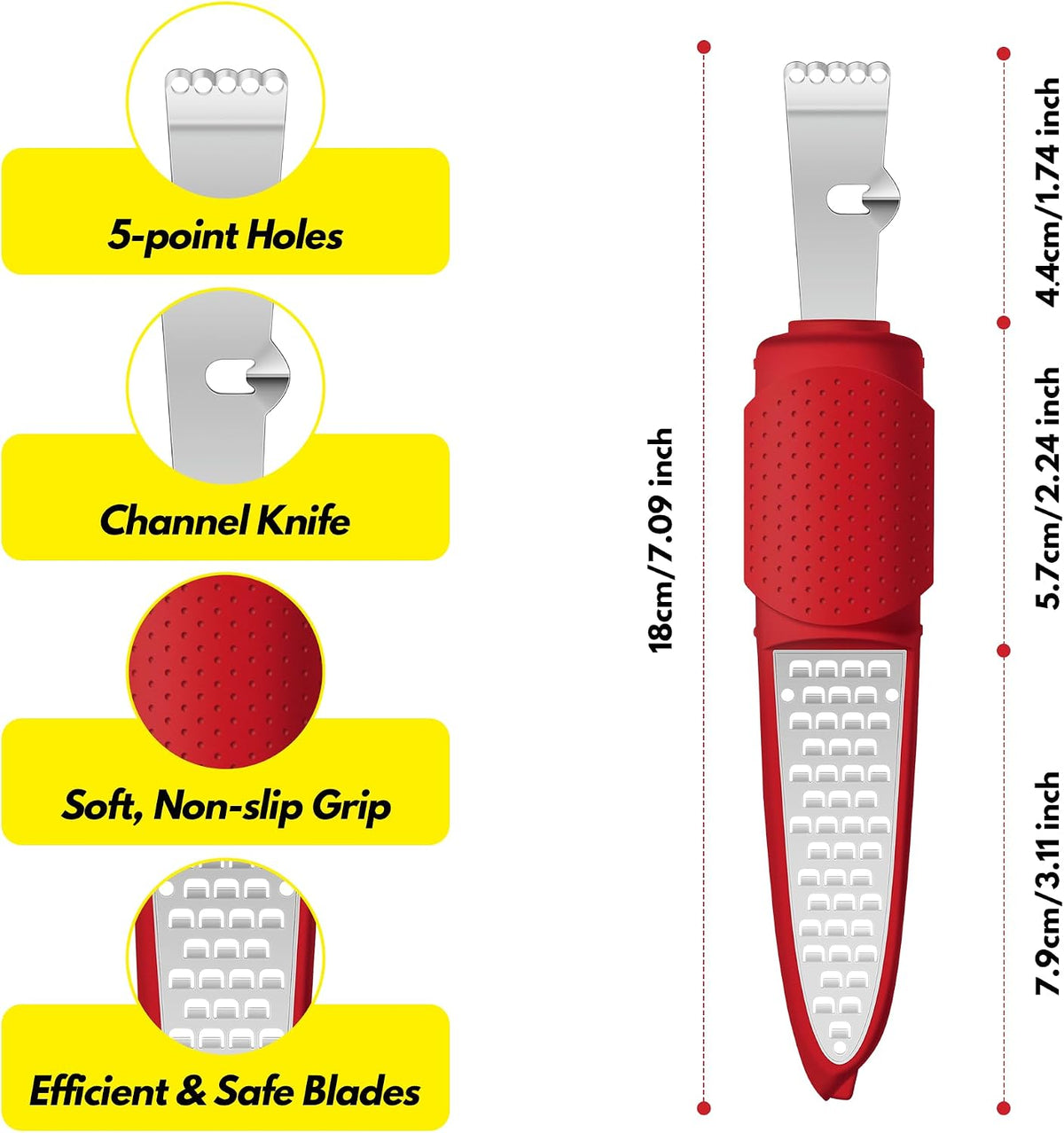 Stainless Steel Citrus Lemon Zester Garlic Grater w/Channel Knife Black