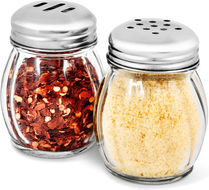 6-Ounces Glass Spices Shaker With Perforated Stainless Steel Top And Parmesan Cheese Shaker With Slotted Stainless Steel Top/Set of 2/Bulk Swirl Retro Style Dispensers With Lids/Salt & Pepper Shakers