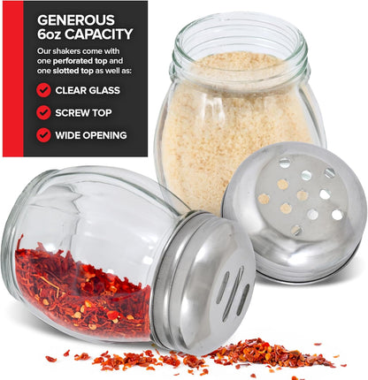 6-Ounces Glass Spices Shaker With Perforated Stainless Steel Top And Parmesan Cheese Shaker With Slotted Stainless Steel Top/Set of 2/Bulk Swirl Retro Style Dispensers With Lids/Salt & Pepper Shakers