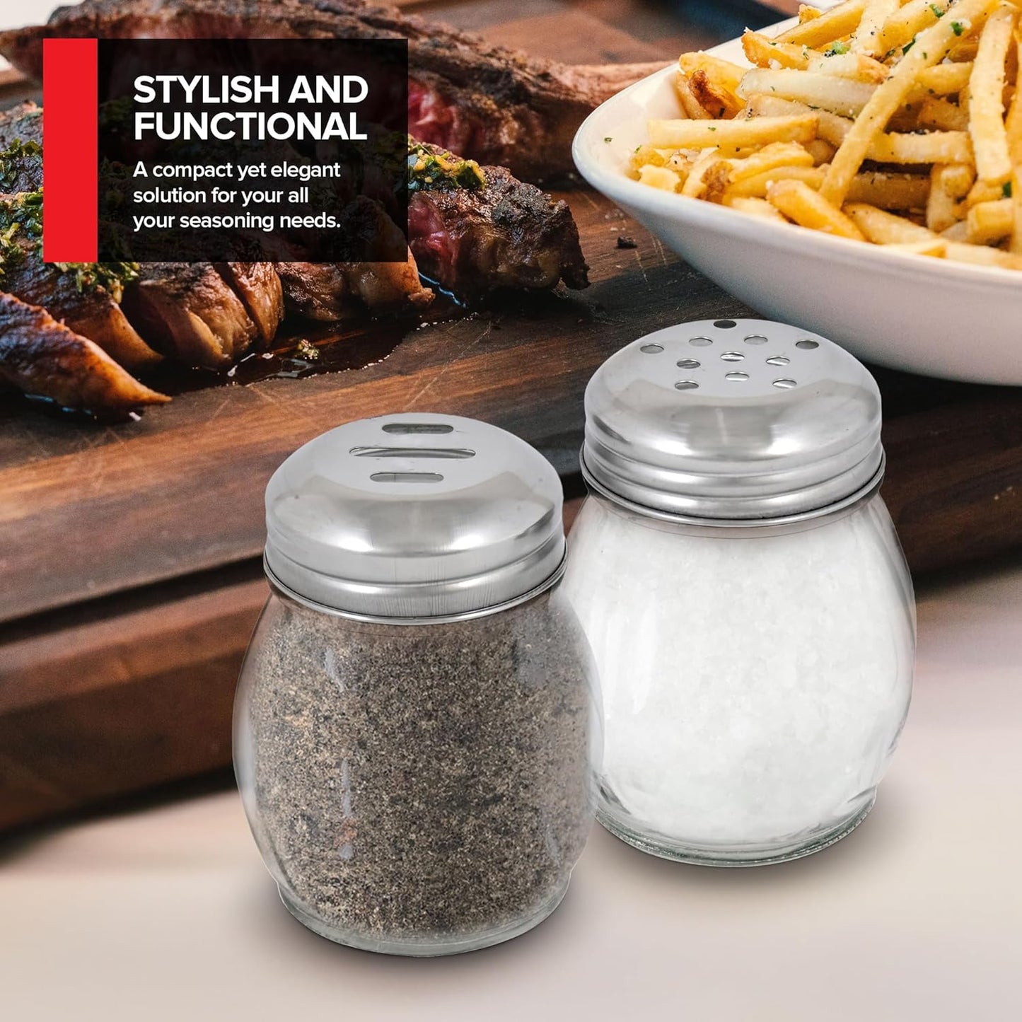 6-Ounces Glass Spices Shaker With Perforated Stainless Steel Top And Parmesan Cheese Shaker With Slotted Stainless Steel Top/Set of 2/Bulk Swirl Retro Style Dispensers With Lids/Salt & Pepper Shakers