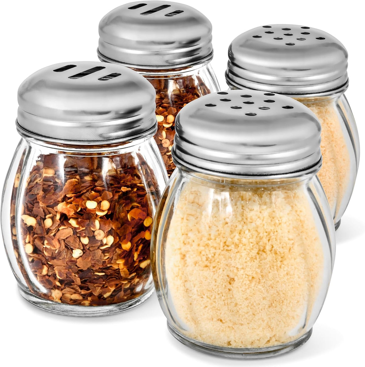 6-Ounces Glass Spices Shaker With Perforated Stainless Steel Top And Parmesan Cheese Shaker With Slotted Stainless Steel Top/Set of 2/Bulk Swirl Retro Style Dispensers With Lids/Salt & Pepper Shakers