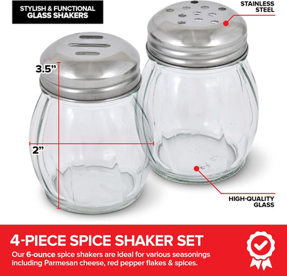 6-Ounces Glass Spices Shaker With Perforated Stainless Steel Top And Parmesan Cheese Shaker With Slotted Stainless Steel Top/Set of 2/Bulk Swirl Retro Style Dispensers With Lids/Salt & Pepper Shakers