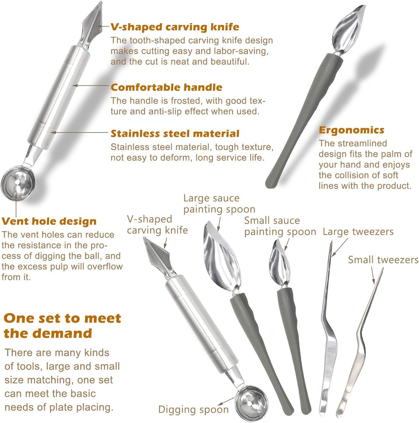 5 Pieces Culinary Drawing Decorating Spoon Set, Drizzle Spoons, Cooking Tweezers and Melon Baller Spoon, Professional Chef Tool for Decorating Plates