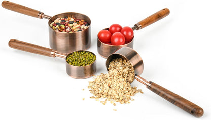 Copper Measuring Cups & Spoons Set 8, Stainless Steel Measuring Cups and Spoons Set for Baking and Kitchen, Metric & US Metal Measure Cup & Spoon with Wood Handle for Dry & Liquid