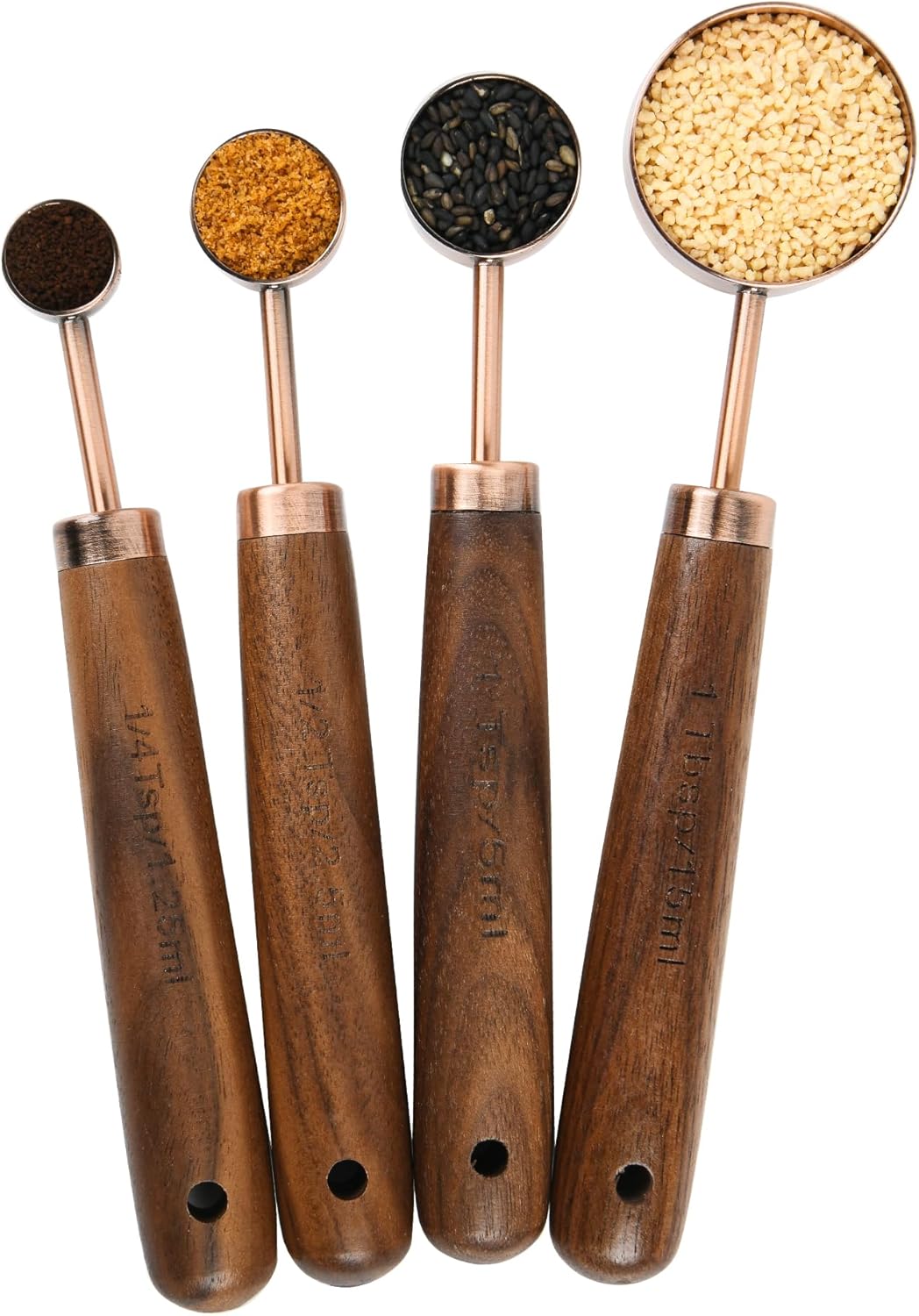 Copper Measuring Cups & Spoons Set 8, Stainless Steel Measuring Cups and Spoons Set for Baking and Kitchen, Metric & US Metal Measure Cup & Spoon with Wood Handle for Dry & Liquid
