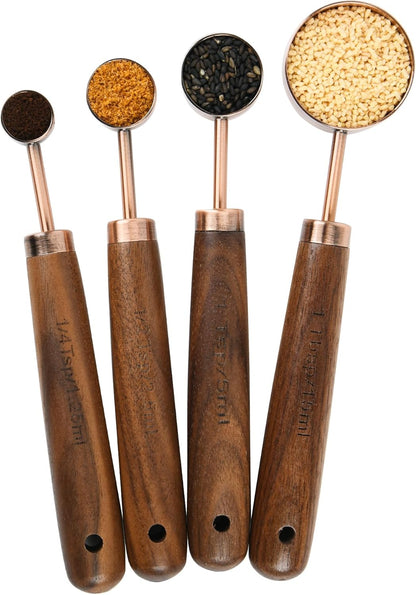 Copper Measuring Cups & Spoons Set 8, Stainless Steel Measuring Cups and Spoons Set for Baking and Kitchen, Metric & US Metal Measure Cup & Spoon with Wood Handle for Dry & Liquid
