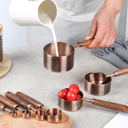 Copper Measuring Cups & Spoons Set 8, Stainless Steel Measuring Cups and Spoons Set for Baking and Kitchen, Metric & US Metal Measure Cup & Spoon with Wood Handle for Dry & Liquid