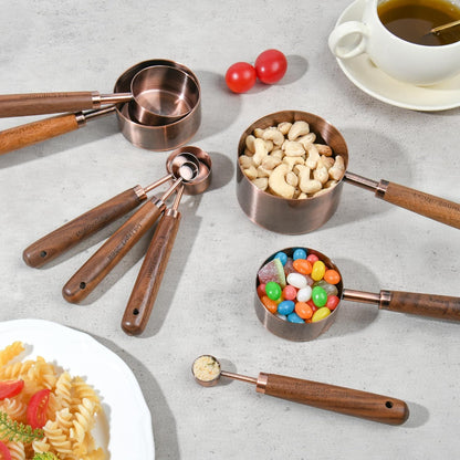 Copper Measuring Cups & Spoons Set 8, Stainless Steel Measuring Cups and Spoons Set for Baking and Kitchen, Metric & US Metal Measure Cup & Spoon with Wood Handle for Dry & Liquid