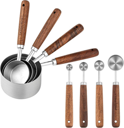 Copper Measuring Cups & Spoons Set 8, Stainless Steel Measuring Cups and Spoons Set for Baking and Kitchen, Metric & US Metal Measure Cup & Spoon with Wood Handle for Dry & Liquid