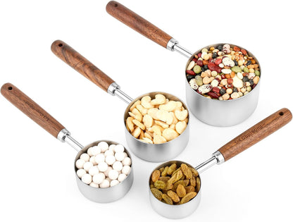 Copper Measuring Cups & Spoons Set 8, Stainless Steel Measuring Cups and Spoons Set for Baking and Kitchen, Metric & US Metal Measure Cup & Spoon with Wood Handle for Dry & Liquid