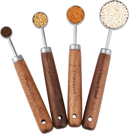 Copper Measuring Cups & Spoons Set 8, Stainless Steel Measuring Cups and Spoons Set for Baking and Kitchen, Metric & US Metal Measure Cup & Spoon with Wood Handle for Dry & Liquid