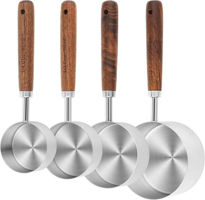 Copper Measuring Cups & Spoons Set 8, Stainless Steel Measuring Cups and Spoons Set for Baking and Kitchen, Metric & US Metal Measure Cup & Spoon with Wood Handle for Dry & Liquid