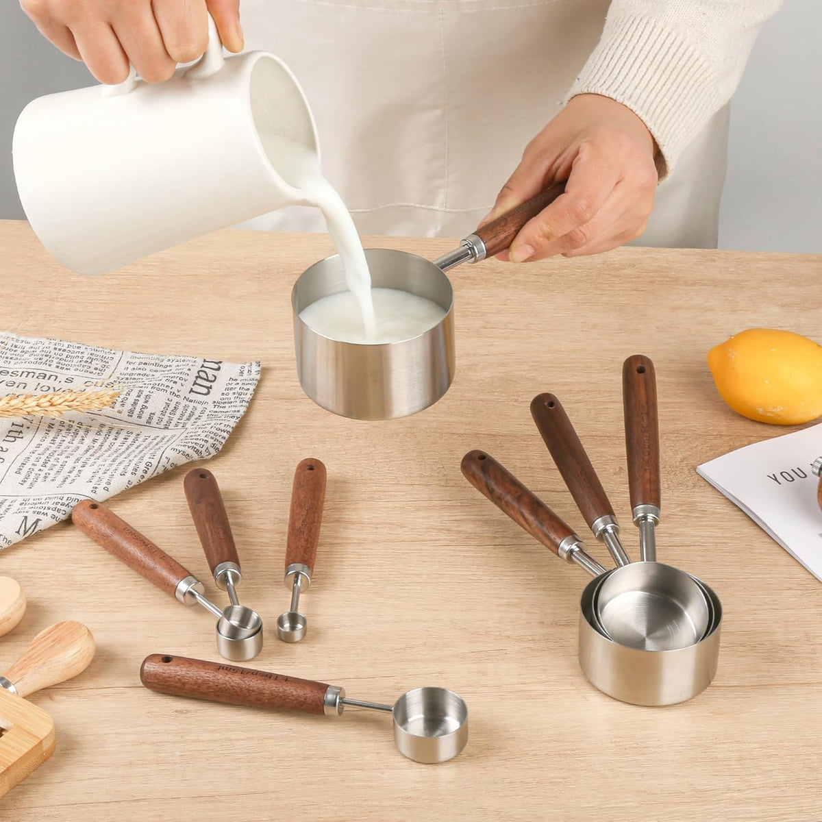 Copper Measuring Cups & Spoons Set 8, Stainless Steel Measuring Cups and Spoons Set for Baking and Kitchen, Metric & US Metal Measure Cup & Spoon with Wood Handle for Dry & Liquid