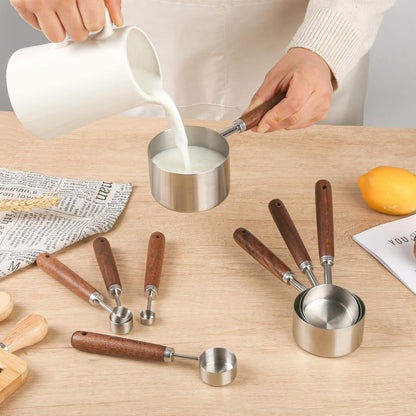 Copper Measuring Cups & Spoons Set 8, Stainless Steel Measuring Cups and Spoons Set for Baking and Kitchen, Metric & US Metal Measure Cup & Spoon with Wood Handle for Dry & Liquid