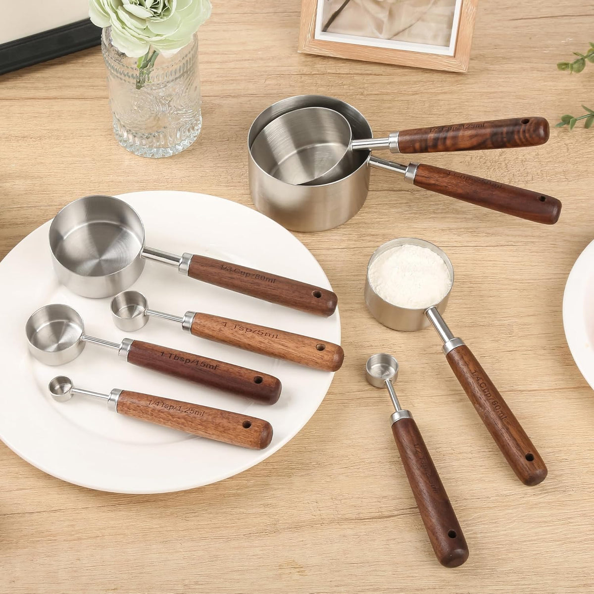 Copper Measuring Cups & Spoons Set 8, Stainless Steel Measuring Cups and Spoons Set for Baking and Kitchen, Metric & US Metal Measure Cup & Spoon with Wood Handle for Dry & Liquid