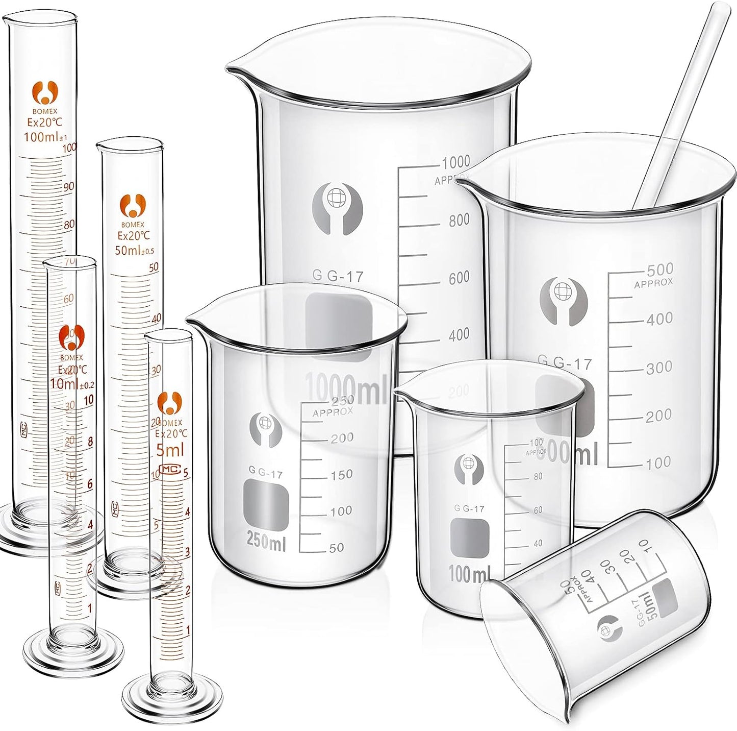 10 Pieces Glass Measuring Beaker and Graduated Measuring Cylinder with Stirring Rod 50/100/ 250/500/ 1000 ml Thick Glass Beakers and 5/10/ 50/100 ml Graduated Cylinders for Science Lab